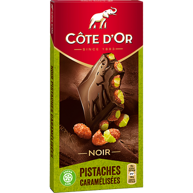 Чёрный бельгийский шоколад Cote D'Or Noir Pistaches Caramelisees