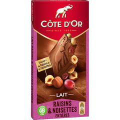 Молочный бельгийский шоколад с фундуком и изюмом Cote D'Or Lait Raisins Noisettes