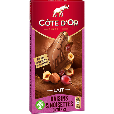 Молочный бельгийский шоколад с фундуком и изюмом Cote D'Or Lait Raisins Noisettes