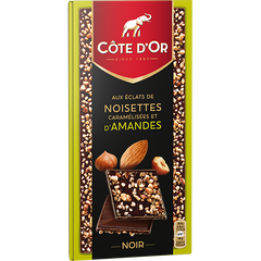 Чёрный бельгийский шоколад с карамелизированым миндалём, фундоком Cote D'Or Noir Noisettes Caramelisees Amandes