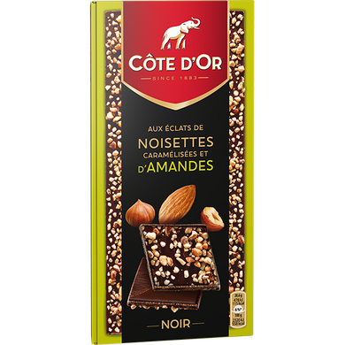 Чёрный бельгийский шоколад с карамелизированым миндалём, фундоком Cote D'Or Noir Noisettes Caramelisees Amandes