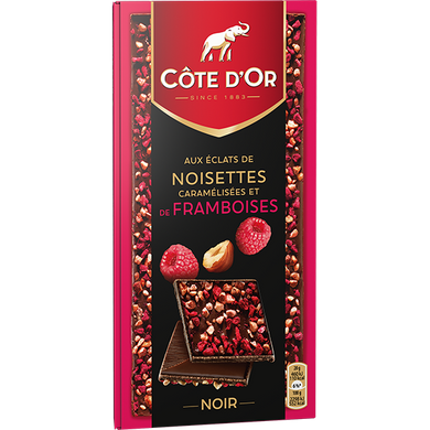 Чёрный бельгийский шоколад Cote D'Or Noir Noisettes Caramelisees Framboises